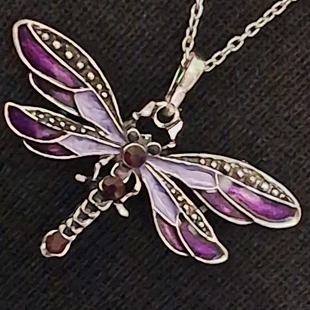 Silvertone and Purple Dragonfly Pendant Necklace - Picture 4 of 10